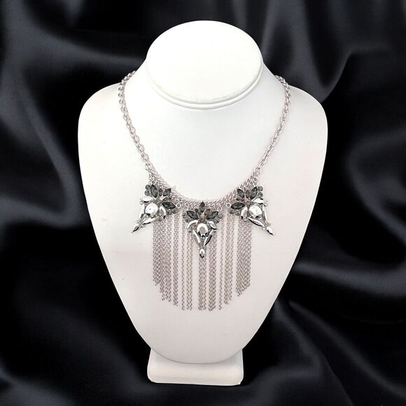 New Boutique Statement Necklace Silver Fringe Faceted Fashion Jewelry  11U - Picture 1 of 3